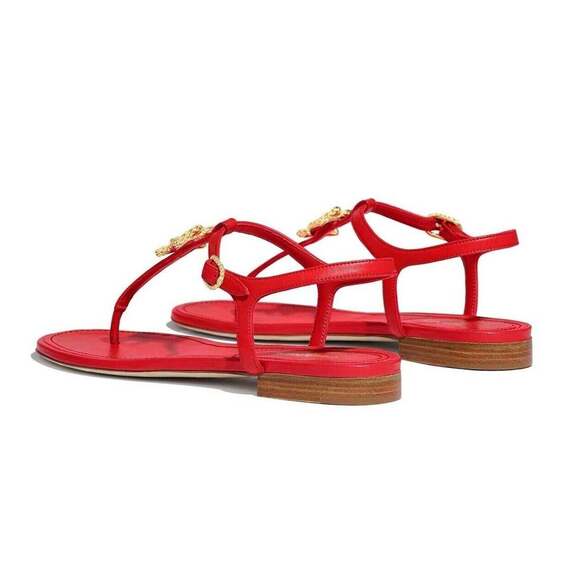 Chanel 20C Red Lambskin Gold CC Logo Mule Ankle Strap Thong Sandal Flat 36.5C - Picture 9 of 9